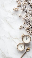 Clocks and Flowers on Marble Surface