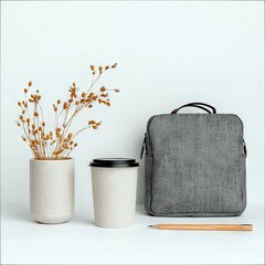 Coffee Cup, Bag, Pencil, and Vase on White Surface
