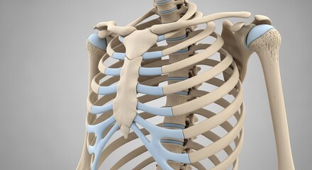 Rib Cage Structure Medical Illustration with Bones Cartilage and Sternum Connecting to Shoulder Joints on Light Grey Background Rendered in 3D for Anatomy Studies