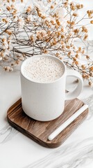 Coffee Mug on Wooden Coaster with Flowers