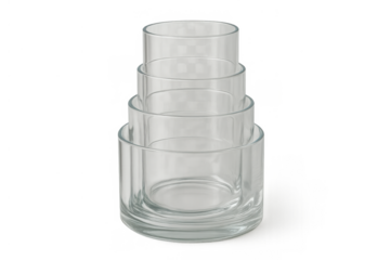 Glass measuring cups stacking, transparent kitchenware creating gradient form, empty for cooking and baking