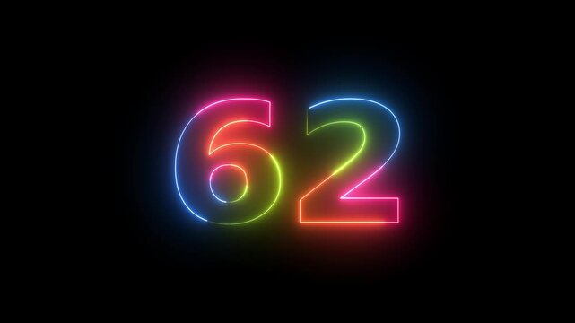 Number 62 neon light glowing animation
