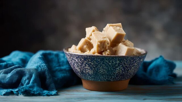 Bowl of fudge squares with blue cloth on blue wooden surface