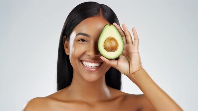 Beautiful Woman Smiling with Avocado for Healthy Skin and Beauty
