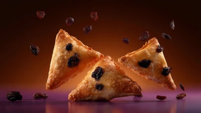 Delicious raisin filled turnovers floating in a warm toned background