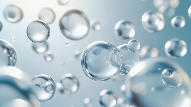 Clear liquid bubbles and spheres shimmering in a serene blue environment