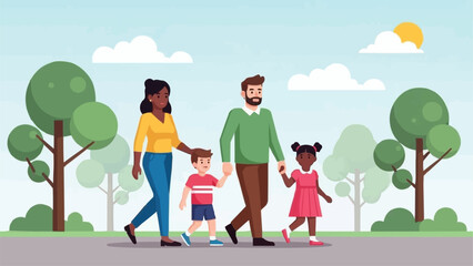 Family Walking Together in Park on Sunny Day.