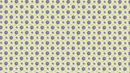 Naklejka premium Seamless floral pattern with purple flowers and soft blue bubbles on a pastel yellow background. A cute, gentle, and decorative design.