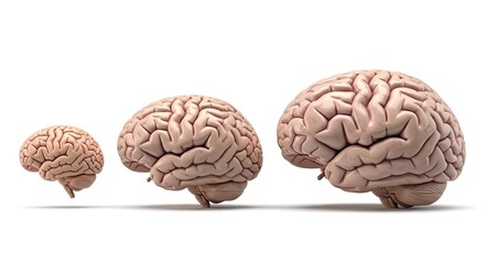Obraz premium Comparative Size Illustration of Small Medium and Large Brains Isolated on White Background Symbolizing Intellectual Growth Development Evolution or Cognitive Ability 3d Rendering