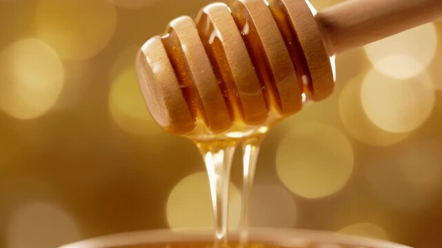 Golden Honey Dripping from Wooden Dipper Close-up Slow Motion