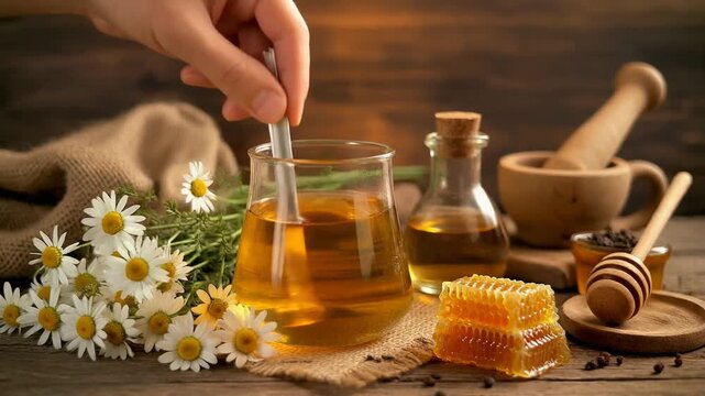Hand stirring natural honey tea with chamomile flowers and honeycomb