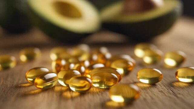 Healthy Avocado Oil Capsules Dropping on Wood Near Fresh Avocados