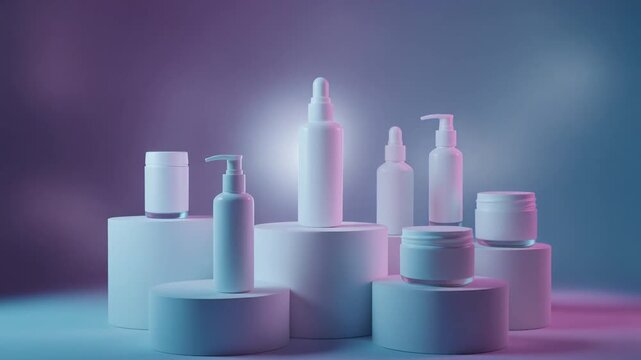 Minimalist Cosmetic Products Displayed on Pedestals with Neon Light