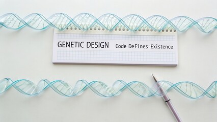 Genetic Design Concept with DNA Helix and Notebook Showing Code that Defines Existence in Scientific Research and Modern Biology