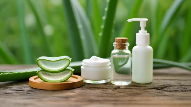 Organic aloe vera slices and beauty products for natural skin care