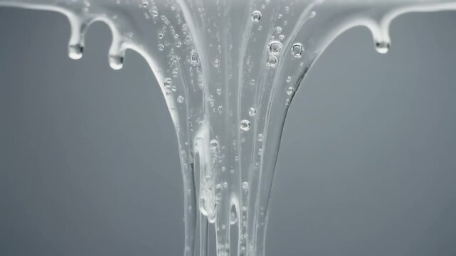 Viscous clear liquid gel slowly dripping with trapped air bubbles