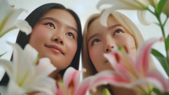Two Beautiful Young Women Among Lilies Looking Upwards Dreamily