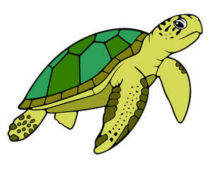 Cute cartoon green sea turtle with a friendly expression. Isolated, fun marine animal illustration. No background