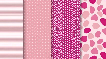 Four pink patterns featuring stripes dots knitted texture and hearts