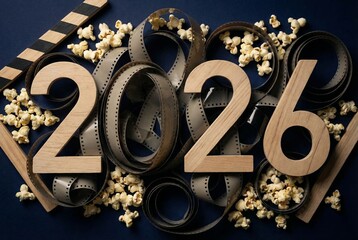 Wooden numbers 2026 surrounded by film reels and popcorn on a dark background, symbolizing New Year celebrations and movie nights.