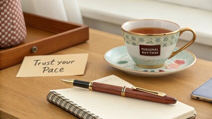 Cozy workspace setup with cup of tea, notepad, pen, and motivational note for productivity and personal development