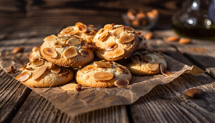 Fototapeta premium Delicious Almond Cookies Stacked on Rustic Wooden Table.