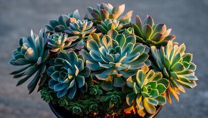Close up of a Potted Succulent Plant Collection Bathed in Golden Hour Sunlight with Rosette Shapes and Vibrant Green and Teal Hues
