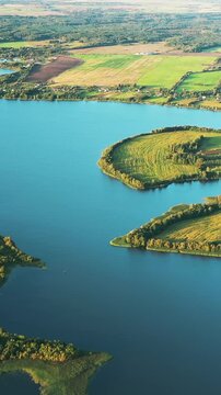 Aerial View Of Lakes Rivers Island And Green Countryside Landscape. Lepel Lake. Lyepyel District, Vitebsk Region, Belarus