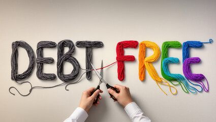 Hopeful business concept of financial freedom, cutting black yarn debt with scissor for colorful free future