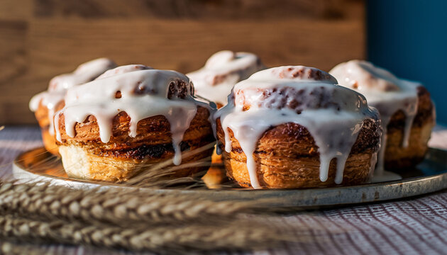 Delicious Cinnamon Rolls with Cream Cheese Frosting on a Plate. - Powered by Adobe