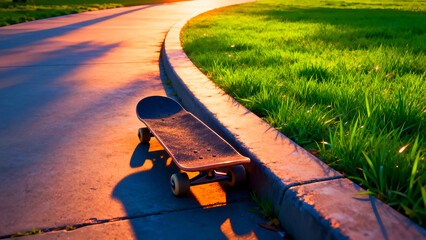 Skateboard park skate skating board wheels pavement sidewalk grass sunset light shadow recreation sport lifestyle urban activity youth culture extreme sports outdoor leisure ride