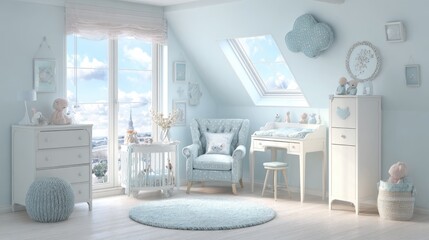 Softly lit baby nursery with crib, changing table, and armchair.