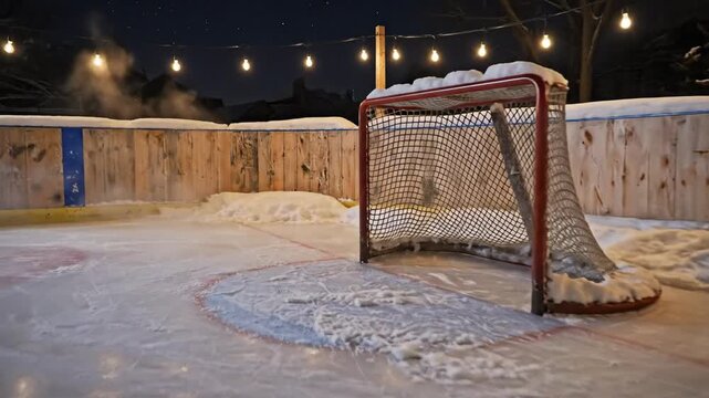 Realistic Commercial-Style Backyard Ice Rink at Night