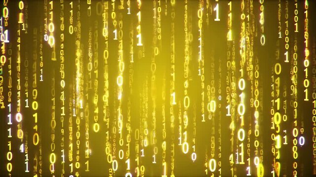 Falling binary code cascading vertically in glowing streams creating a futuristic digital cyberspace matrix style visual