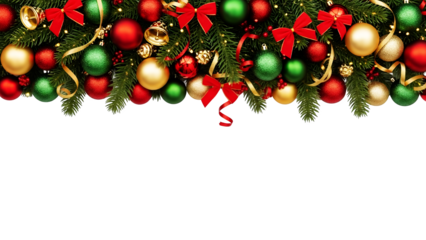 Christmas garland border with red, green, and gold baubles, bows, bells, fir branches, and festive decorations.