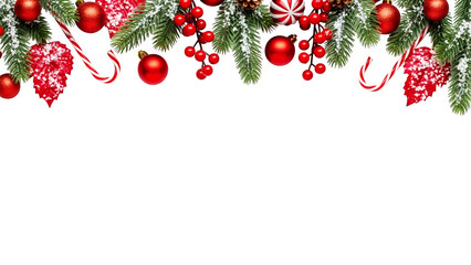 Christmas holiday border with snow-dusted fir branches, red ornaments, berries, candy canes, and pine cones for festive design.