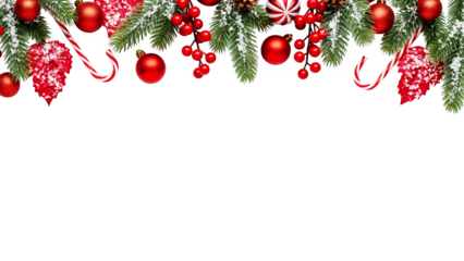 Christmas holiday border with snow-dusted fir branches, red ornaments, berries, candy canes, and pine cones for festive design.