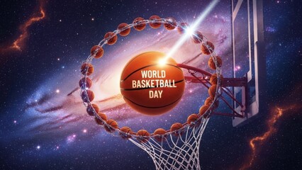 World Basketball Day Conceptual Image with Space and Basketball Hoop.