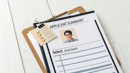 Detailed applicant summary resume layout featuring photo, checklist, and clipboard on wooden workspace background