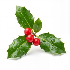 Green holly leaves with red berries isolated.