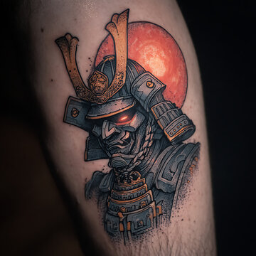 Japanese samurai mask and helmet tattoo with red moon high resolution photo