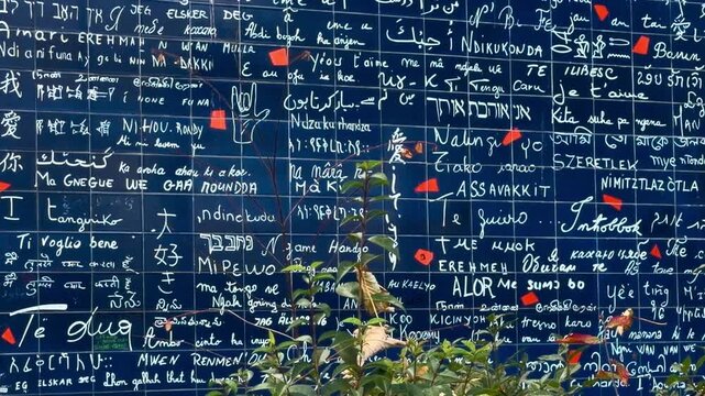 The Wall of Love, with the phrase I love you written in different languages, Montmartre, Paris, France, October 15, 2025. High quality 4k footage