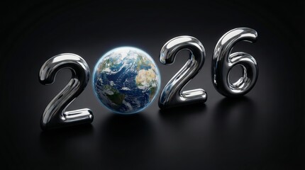 A shiny metallic number 2026 stands next to a globe of Earth on a dark background. The scene symbolizes the upcoming year and global unity.