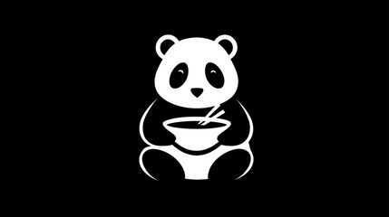 Fototapeta premium Cute minimalist graphic illustration of a sitting panda bear eating from a bowl with chopsticks on a black background