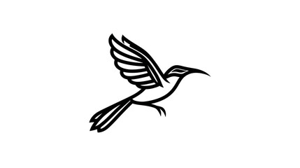 Fototapeta premium Stylized flying bird line art icon, elegant black and white outline illustration of a graceful avian in motion.