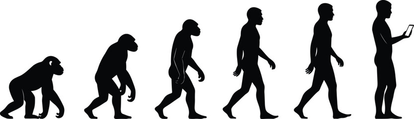 Here is a title and a comprehensive list of keywords for your Adobe Stock vector illustration of human evolution ending with a modern person using a 