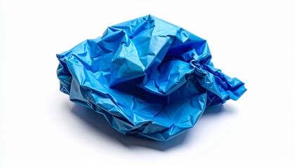 Fototapeta premium Crumpled blue plastic bag or wrapper on a white background, representing waste, recycling, or packaging concepts.