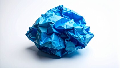 Crumpled blue paper ball on a white background, representing ideas, waste, or frustration.
