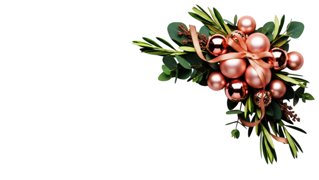 Rose gold christmas baubles and festive green foliage with a satin ribbon, elegant holiday decoration, isolated design element. - Powered by Adobe