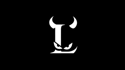 Stylized letter L logo concept with devil horns and menacing eyes, abstract evil typography icon on a dark background
